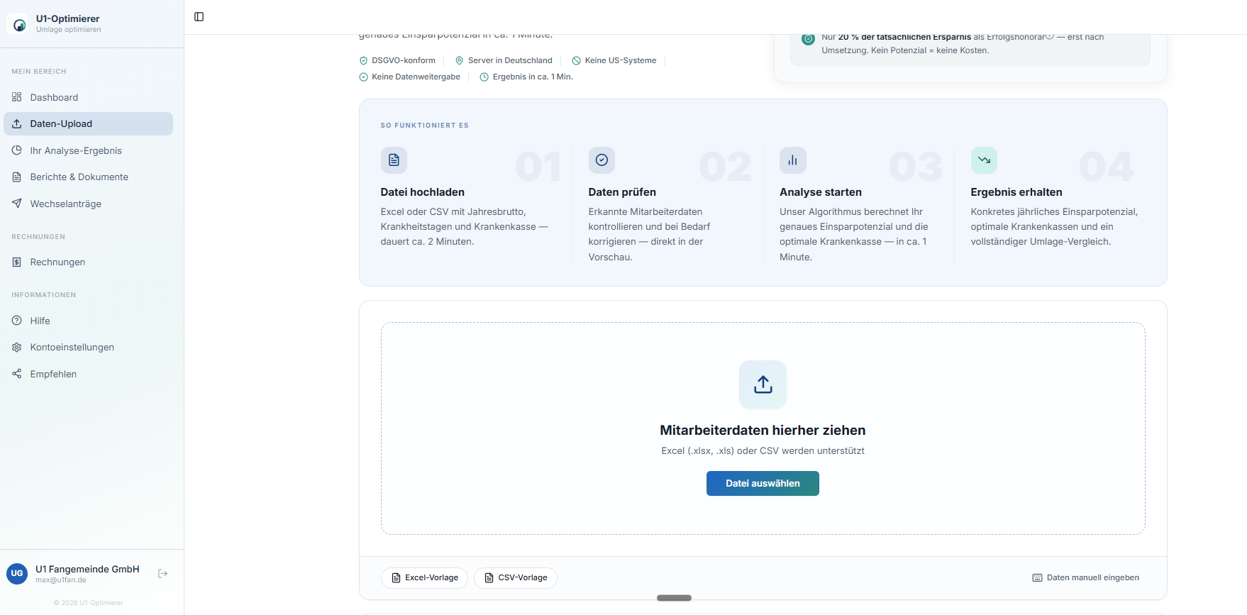 U1-Optimierer App: Mitarbeiterdaten hochladen – Daten-Upload-Bereich mit Datei-Vorschau